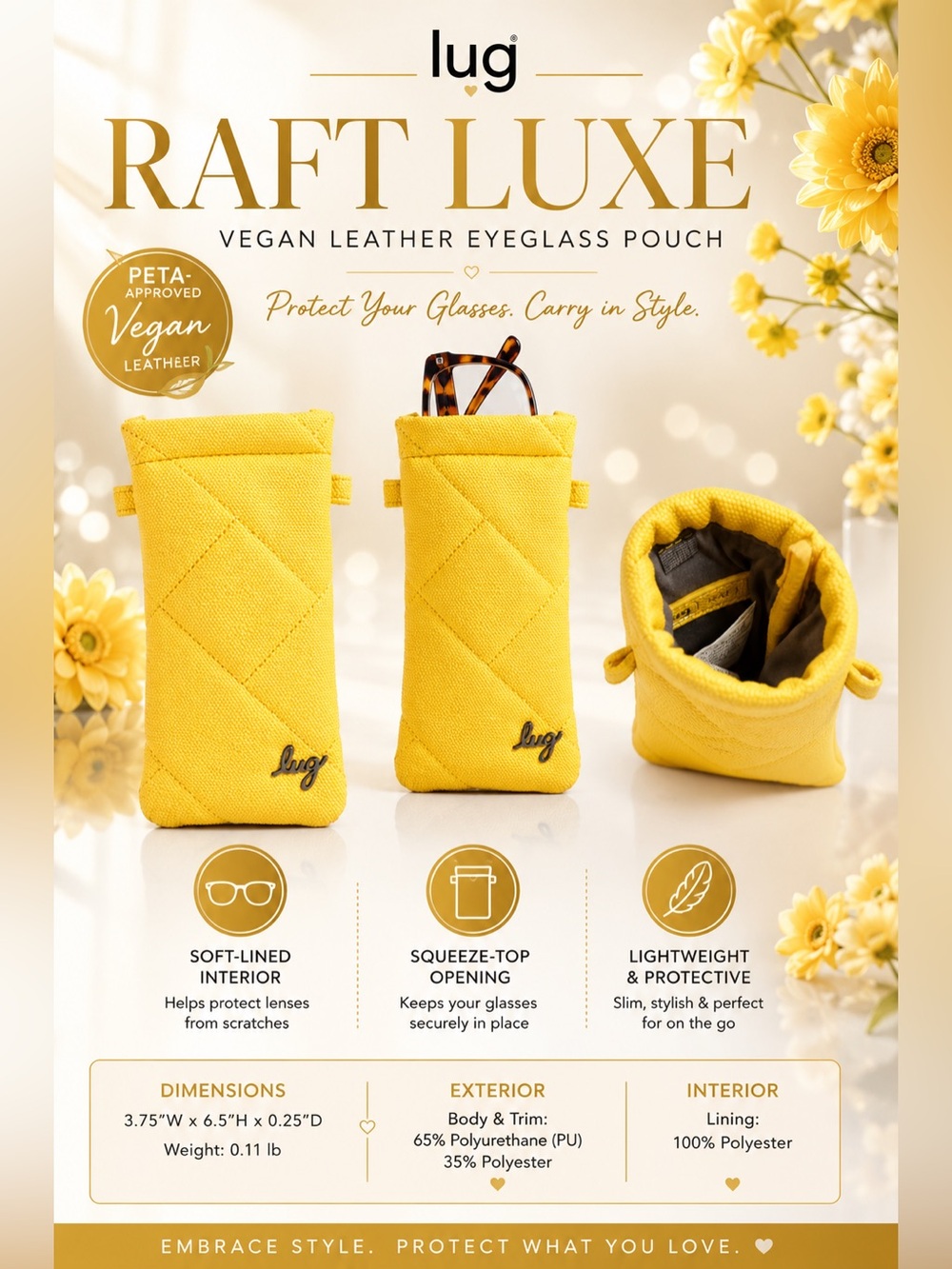 Lug Raft Eyeglass Luxe VL Pouch Yellow Vegan Leather Glasses Case NWOT